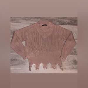 Leani Women’s Medium Pullover Sweater Frayed Distressed Accents Dusty Pink Vneck
